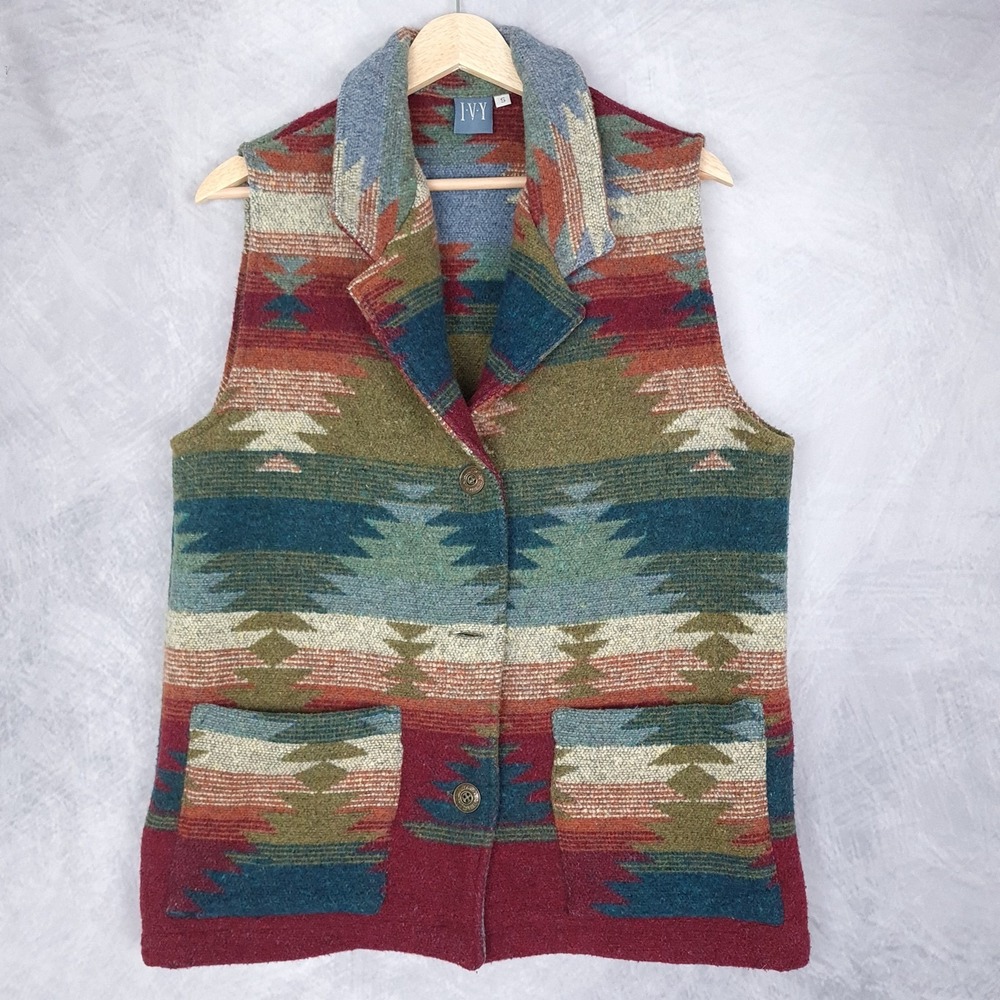 IVY Sweater Vest Womens Small Aztec Southwestern Boho Wool Blend Button Up